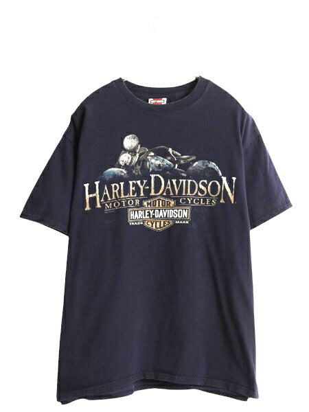 ハーレー ダビットソン 両面 プリント Tシャツ メンズ L  古着 オフィシャル バイク イラスト グラフィック 40周年 記念 ヘビーウェイト 紺