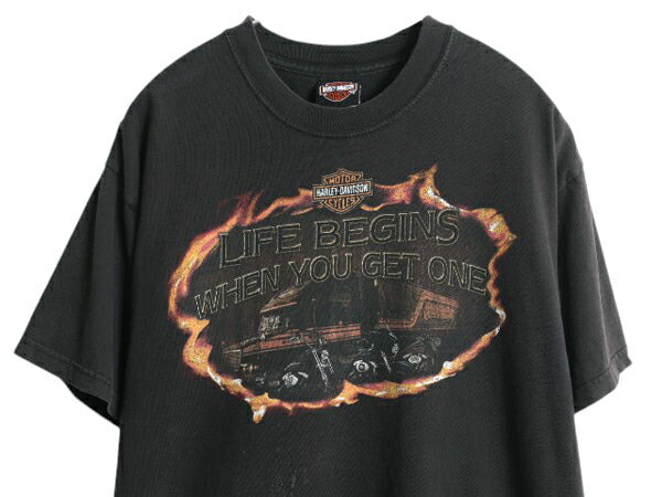 USA製 ハーレー ダビッドソン 両面 プリント Tシャツ メンズ L / 古着 オフィシャル イーグル バイク ファイヤー グラフィック イラスト 黒