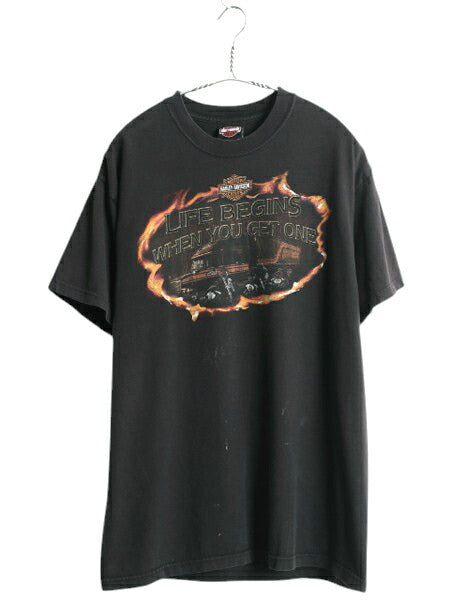 USA製 ハーレー ダビッドソン 両面 プリント Tシャツ メンズ L / 古着 オフィシャル イーグル バイク ファイヤー グラフィック イラスト 黒