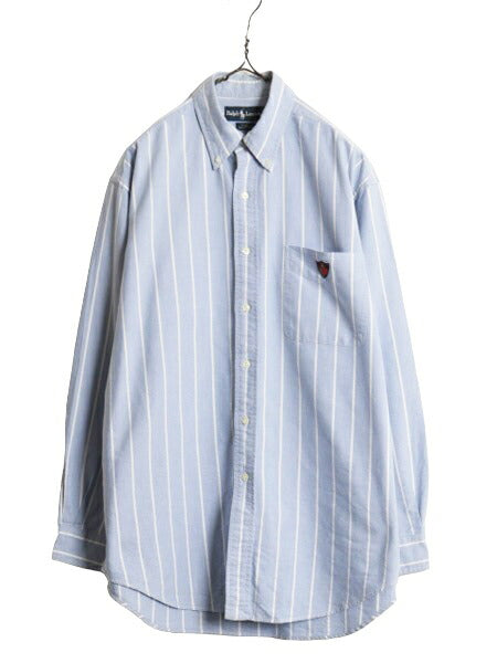 90s ラルフローレン オックスフォード ストライプ 長袖 ボタンダウン シャツ メンズ M オールド ポロ 長袖シャツ ワイシャツ ワンポイント
