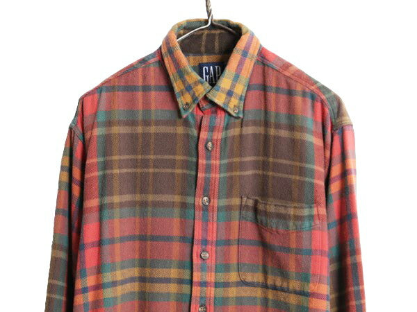 90s OLD GAP チェック ボタンダウン ヘビー フランネル シャツ メンズ M オールド ギャップ 長袖シャツ コットン ポケット付き ネルシャツ