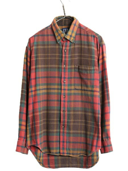 90s OLD GAP チェック ボタンダウン ヘビー フランネル シャツ メンズ M オールド ギャップ 長袖シャツ コットン ポケット付き ネルシャツ