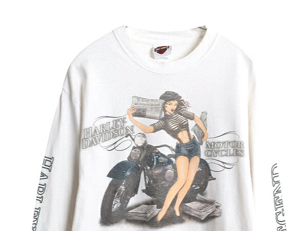 USA製 ハーレー ダビッドソン 4面 プリント 長袖 Tシャツ メンズ M オフィシャル ピンナップガール バイク 星条旗 グラフィック 全面 ロンT