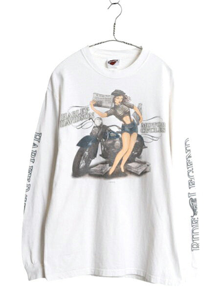 USA製 ハーレー ダビッドソン 4面 プリント 長袖 Tシャツ メンズ M オフィシャル ピンナップガール バイク 星条旗 グラフィック 全面 ロンT