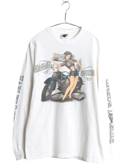 USA製 ハーレー ダビッドソン 4面 プリント 長袖 Tシャツ メンズ M オフィシャル ピンナップガール バイク 星条旗 グラフィック 全面 ロンT