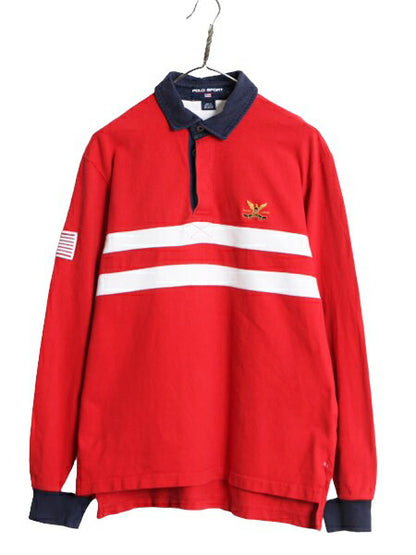 90s ポロスポーツ ラルフローレン 長袖 ラガーシャツ メンズ L 古着 90年代 オールド POLO SPORT ポロ ラグビー ワンポイント ボーダー 赤