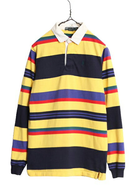 90s USA製 ポロ ラルフローレン ボーダー 長袖 ラガー シャツ  キッズ L メンズ XS 程/ 90年代 オールド 長袖シャツ マルチカラー ラグビー