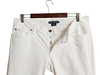 ラルフローレン ホワイト デニム パンツ 実寸 34 30 レディース XL 古着 ポロ スリム ストレート ジーンズ ジーパン ボタンフライ 細身 白
