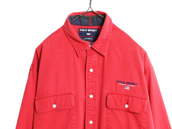 90s ポロスポーツ ラルフローレン 長袖 シャツ メンズ L 古着 90年代 オールド POLO SPORT ポロ コットン チノ ポケット付き 当時物 星条旗