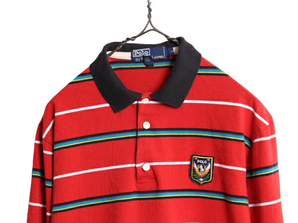 80s UNI CREST PATCH パッチ付き ポロ ラルフローレン ボーダー 長袖 ラガーシャツ L 小さめ メンズ M / ヴィンテージ ラグビー 長袖シャツ