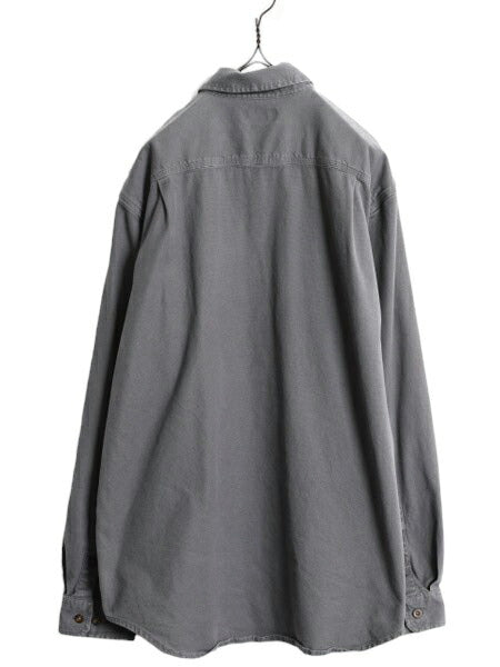 US企画 カーハート ボタンダウン キャンバス シャツ メンズ L 古着 Carhartt ワーク ストレッチ コットン 長袖シャツ ワンポイント グレー