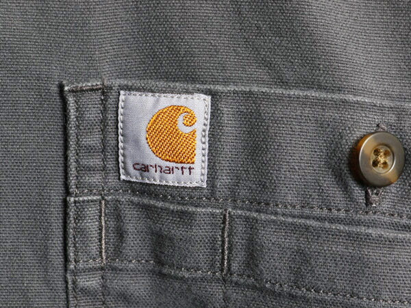 US企画 カーハート ボタンダウン キャンバス シャツ メンズ L 古着 Carhartt ワーク ストレッチ コットン 長袖シャツ ワンポイント グレー