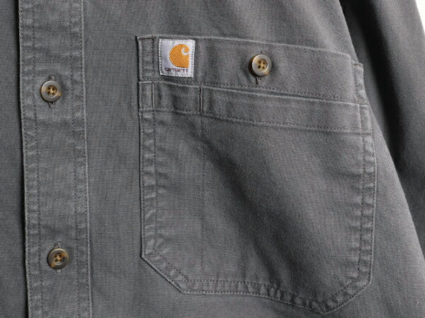 US企画 カーハート ボタンダウン キャンバス シャツ メンズ L 古着 Carhartt ワーク ストレッチ コットン 長袖シャツ ワンポイント グレー