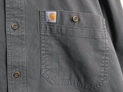 US企画 カーハート ボタンダウン キャンバス シャツ メンズ L 古着 Carhartt ワーク ストレッチ コットン 長袖シャツ ワンポイント グレー