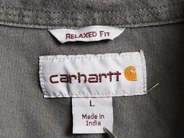 US企画 カーハート ボタンダウン キャンバス シャツ メンズ L 古着 Carhartt ワーク ストレッチ コットン 長袖シャツ ワンポイント グレー