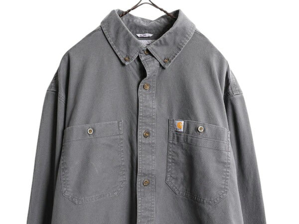 US企画 カーハート ボタンダウン キャンバス シャツ メンズ L 古着 Carhartt ワーク ストレッチ コットン 長袖シャツ ワンポイント グレー