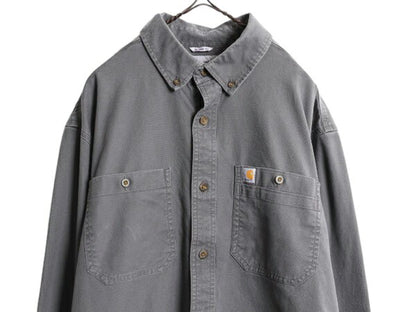 US企画 カーハート ボタンダウン キャンバス シャツ メンズ L 古着 Carhartt ワーク ストレッチ コットン 長袖シャツ ワンポイント グレー