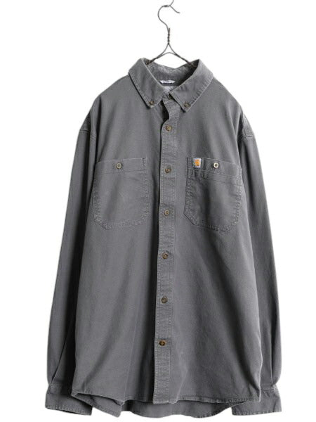 US企画 カーハート ボタンダウン キャンバス シャツ メンズ L 古着 Carhartt ワーク ストレッチ コットン 長袖シャツ ワンポイント グレー