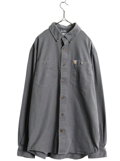US企画 カーハート ボタンダウン キャンバス シャツ メンズ L 古着 Carhartt ワーク ストレッチ コットン 長袖シャツ ワンポイント グレー