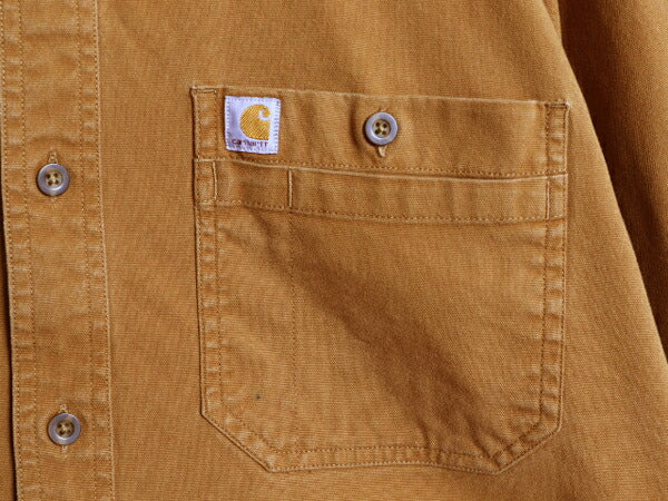 US企画 カーハート ボタンダウン キャンバス シャツ メンズ L / 古着 Carhartt ワーク ストレッチ コットン 長袖シャツ ワンポイント 無地