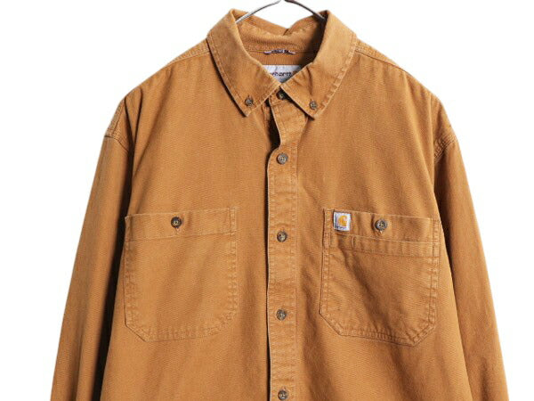 US企画 カーハート ボタンダウン キャンバス シャツ メンズ L / 古着 Carhartt ワーク ストレッチ コットン 長袖シャツ ワンポイント 無地
