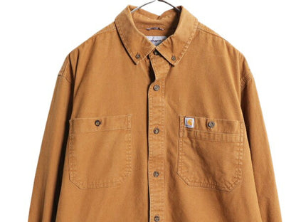 US企画 カーハート ボタンダウン キャンバス シャツ メンズ L / 古着 Carhartt ワーク ストレッチ コットン 長袖シャツ ワンポイント 無地