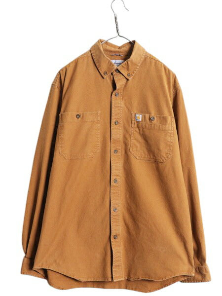 US企画 カーハート ボタンダウン キャンバス シャツ メンズ L / 古着 Carhartt ワーク ストレッチ コットン 長袖シャツ ワンポイント 無地
