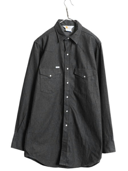 デッドストック 先染め 90s USA製 カーハート ブラック デニム ウエスタン シャツ メンズ L / 90年代 オールド Carhartt ワーク 長袖シャツ
