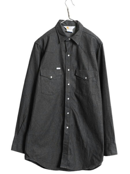 デッドストック 先染め 90s USA製 カーハート ブラック デニム ウエスタン シャツ メンズ L / 90年代 オールド Carhartt ワーク 長袖シャツ