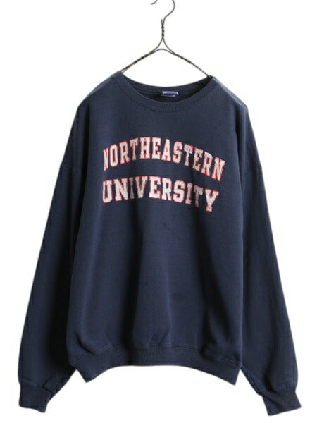 90s チャンピオン カレッジ プリント スウェット メンズ レディース L オールド Champion トレーナー 裏起毛 クルーネック 目付き ネイビー