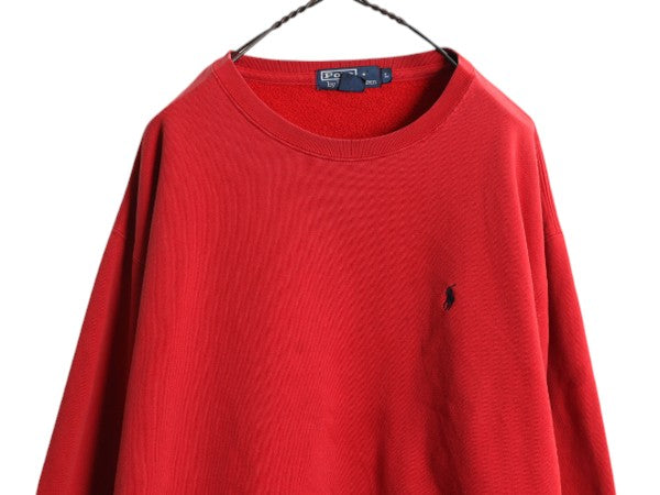 90s ポロ ラルフローレン ワンポイント スウェット メンズ L 古着 90年代 オールド 裏起毛 トレーナー クルーネック ヘビーウェイト レッド