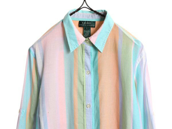 90s LAUREN ラルフローレン ストライプ 長袖 シャツ レディース L / オールド ポロ コットン 長袖シャツ ブラウス パステル マルチカラー
