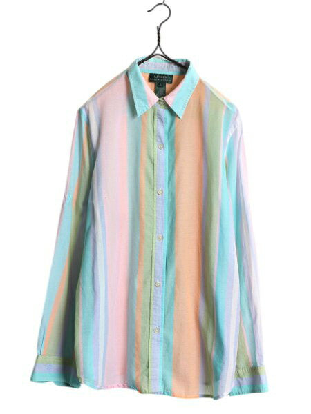 90s LAUREN ラルフローレン ストライプ 長袖 シャツ レディース L / オールド ポロ コットン 長袖シャツ ブラウス パステル マルチカラー