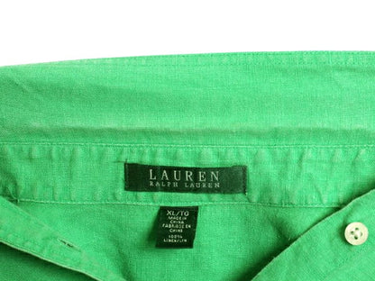 00s LAUREN ラルフローレン 100% リネン 長袖 シャツ レディース XL / オールド ポロ 高級 大きいサイズ ブラウス 無地 麻 薄手 グリーン