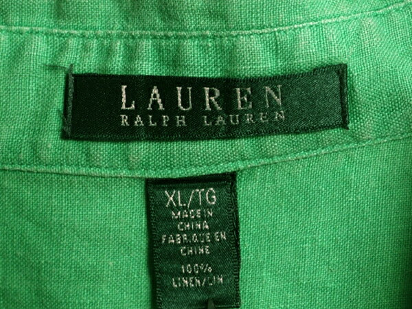 00s LAUREN ラルフローレン 100% リネン 長袖 シャツ レディース XL / オールド ポロ 高級 大きいサイズ ブラウス 無地 麻 薄手 グリーン