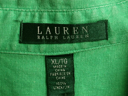 00s LAUREN ラルフローレン 100% リネン 長袖 シャツ レディース XL / オールド ポロ 高級 大きいサイズ ブラウス 無地 麻 薄手 グリーン