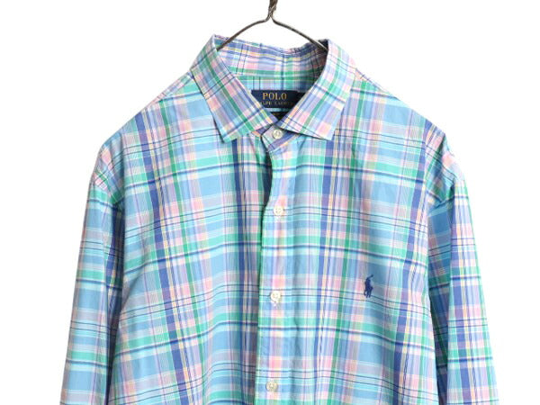 ポロ ラルフローレン チェック 長袖 シャツ メンズ XL / 古着 コットン ストレッチ スリムフィット ワンポイント 長袖シャツ 大きいサイズ