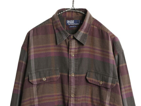 90s ポロ ラルフローレン チェック フランネル シャツ メンズ XL / オールド コットン 大きいサイズ ネルシャツ マルチカラー ポニー無し