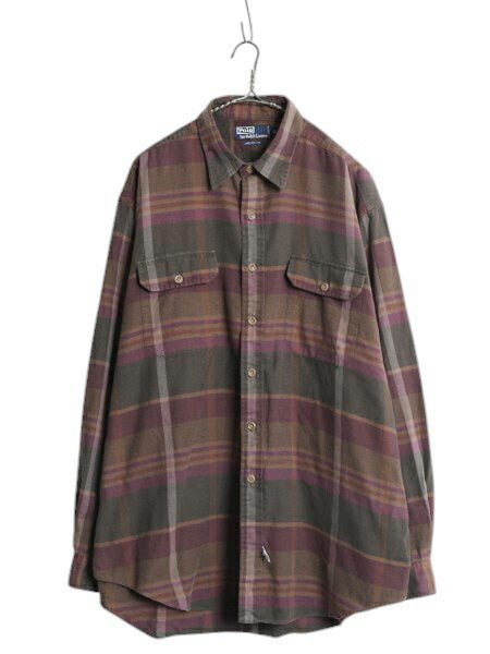90s ポロ ラルフローレン チェック フランネル シャツ メンズ XL / オールド コットン 大きいサイズ ネルシャツ マルチカラー ポニー無し