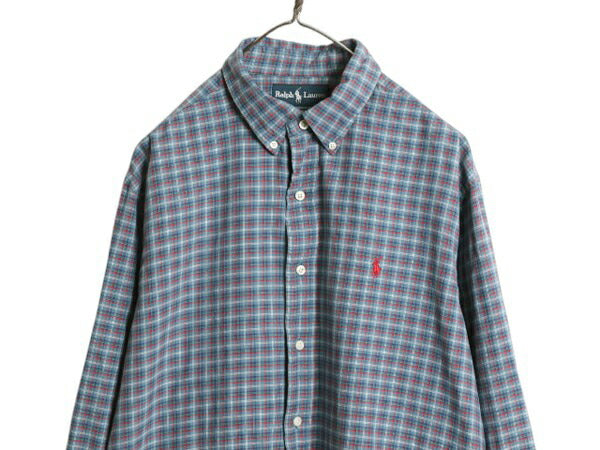 00s ラルフローレン チェック 長袖 ボタンダウン シャツ メンズ L 古着 オールド ポロ コットン BD 長袖シャツ ワンポイント マルチカラー