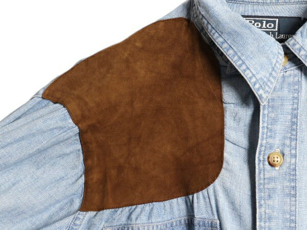 00s ポロ ラルフローレン 長袖 シャンブレー シャツ メンズ L オールド 100% コットン 本革 レザー ハンティング シューティング マチ付き