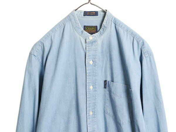 90s チャップス ラルフローレン バンドカラー 長袖 シャンブレー シャツ メンズ M オールド ポロ 100% コットン ワンポイント ポケット付き