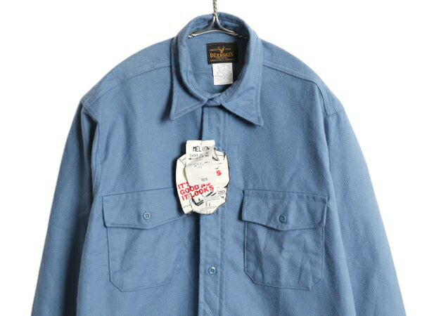 デッドストック 80s USA製 MELTON コットン シャモア クロス シャツ メンズ M / ヴィンテージ ポケット付き 無地 フランネル ネルシャツ 青