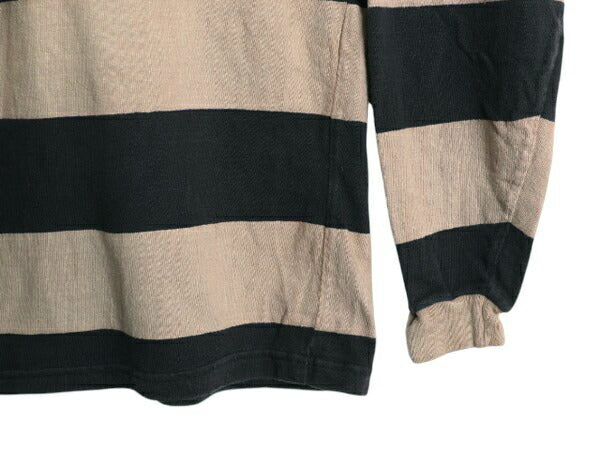 90s USA製 ヘンリーネック ワイド ボーダー 長袖 Tシャツ メンズ L 程 オールド ラガーシャツ タイプ ヘビーウェイト ロンT ツートン 黒 茶