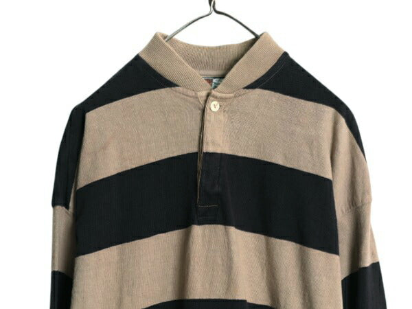 90s USA製 ヘンリーネック ワイド ボーダー 長袖 Tシャツ メンズ L 程 オールド ラガーシャツ タイプ ヘビーウェイト ロンT ツートン 黒 茶