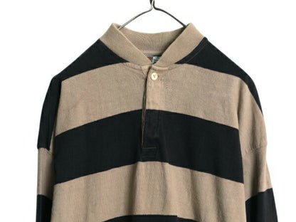 90s USA製 ヘンリーネック ワイド ボーダー 長袖 Tシャツ メンズ L 程 オールド ラガーシャツ タイプ ヘビーウェイト ロンT ツートン 黒 茶