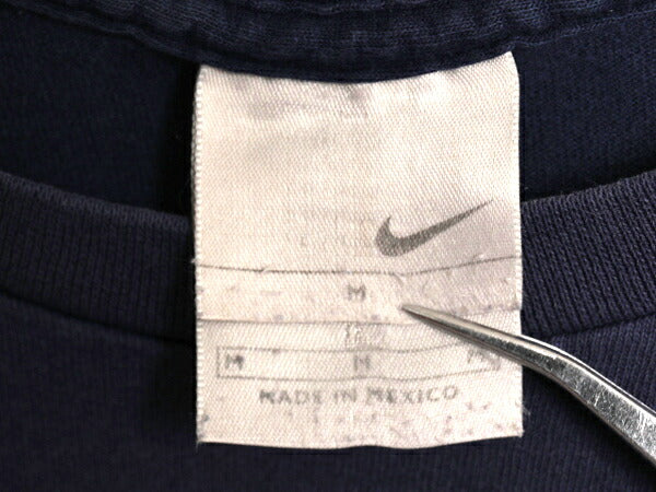 00s ナイキ スモール スウッシュ 刺繍 半袖 Tシャツ メンズ M オールド コットン ワンポイント クルーネック シンプル カットソー ネイビー