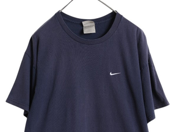 00s ナイキ スモール スウッシュ 刺繍 半袖 Tシャツ メンズ M オールド コットン ワンポイント クルーネック シンプル カットソー ネイビー