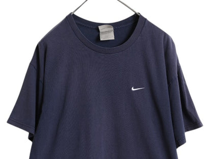00s ナイキ スモール スウッシュ 刺繍 半袖 Tシャツ メンズ M オールド コットン ワンポイント クルーネック シンプル カットソー ネイビー