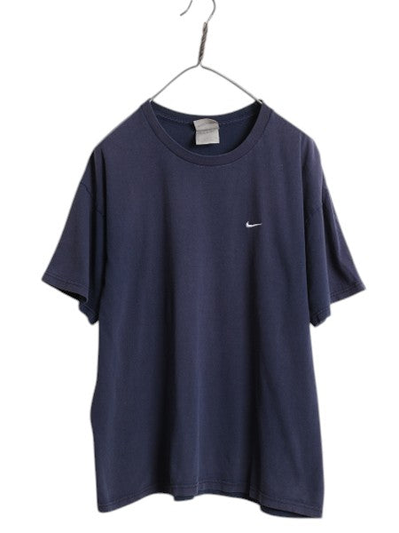 00s ナイキ スモール スウッシュ 刺繍 半袖 Tシャツ メンズ M オールド コットン ワンポイント クルーネック シンプル カットソー ネイビー